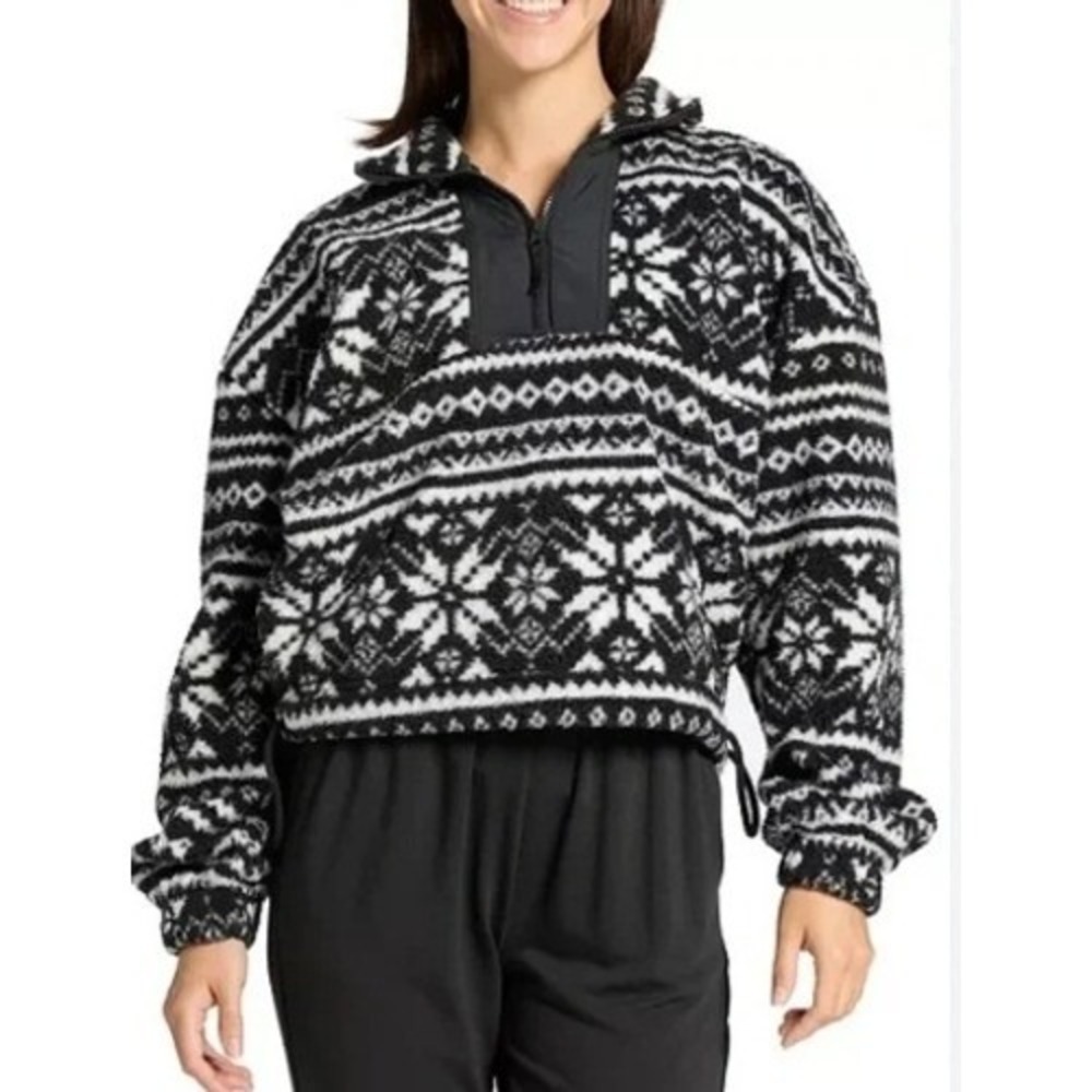 DSG Fair Isle Quarter Zip Women Small Black White Sherpa Fleece NWT‎ W24409PRT